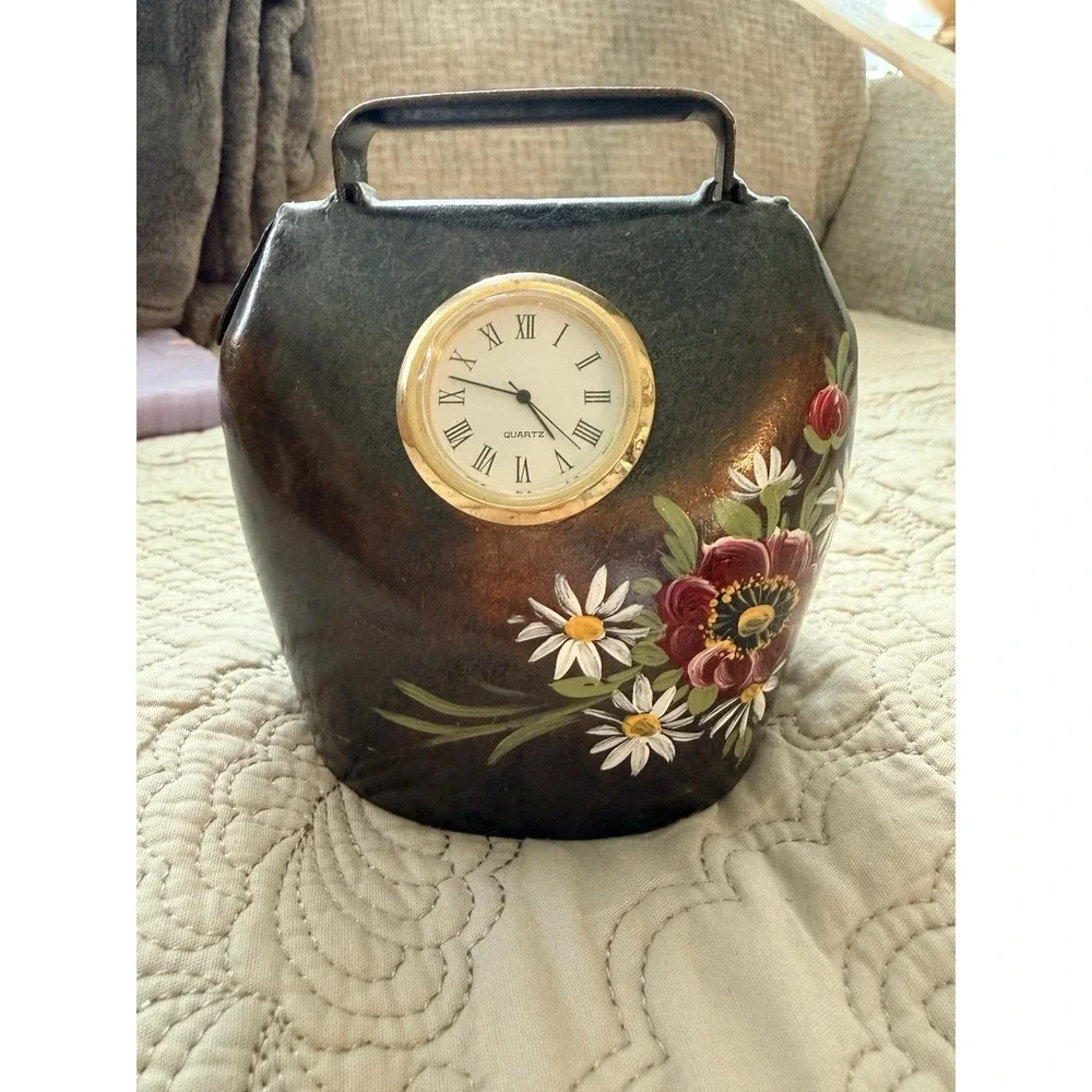 VTG Handpainted Folk Art Floral Metal Cow Bell W/ Faux Clock